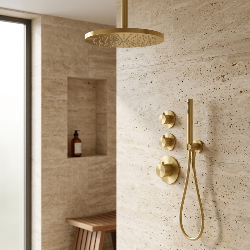 Aquanello Eterna Set doccia da incasso PVD oro con termostato e 2 rubinetti di chiusura 25 cm ET-S-SET2-2-60